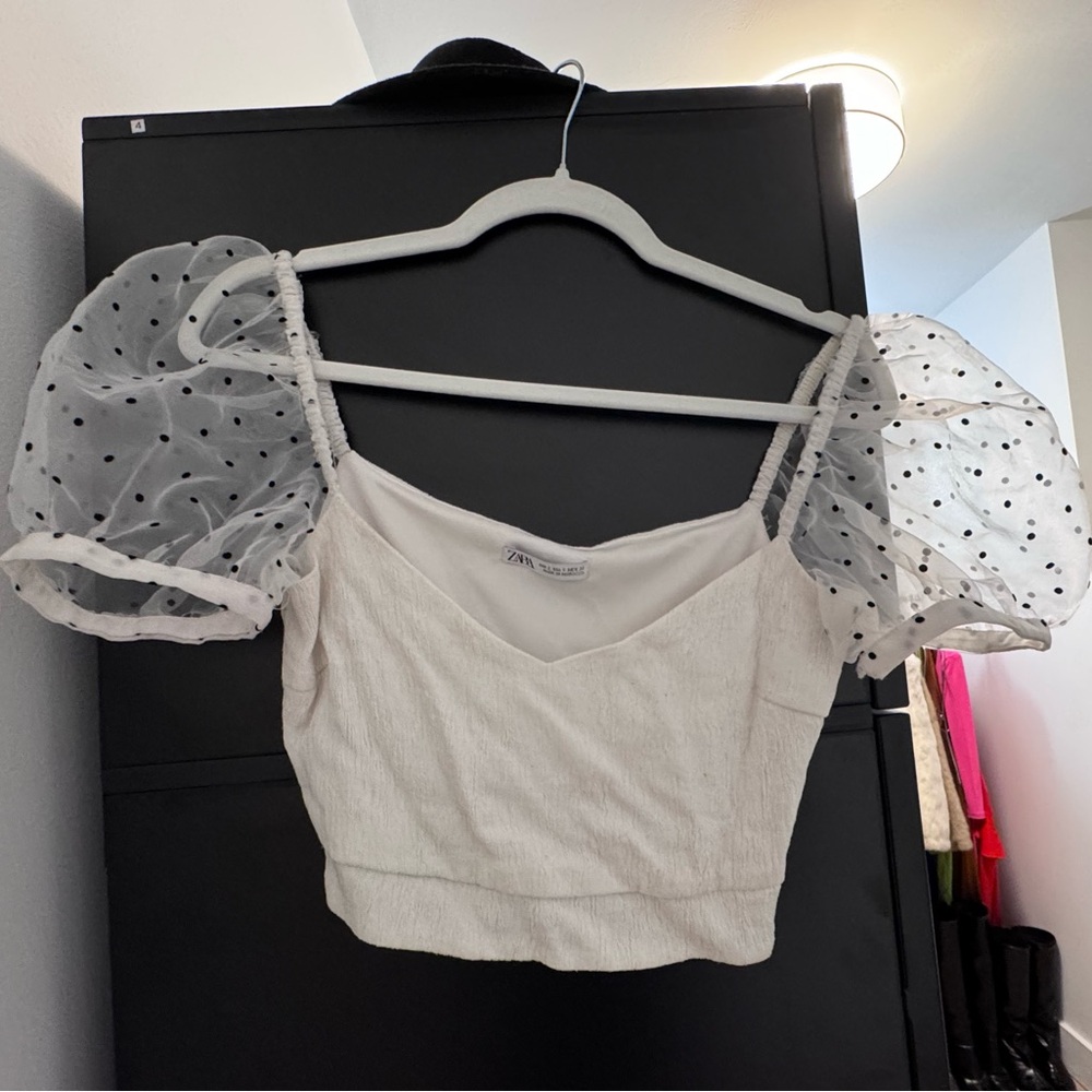White Polkadot Puff Sleeve Top
